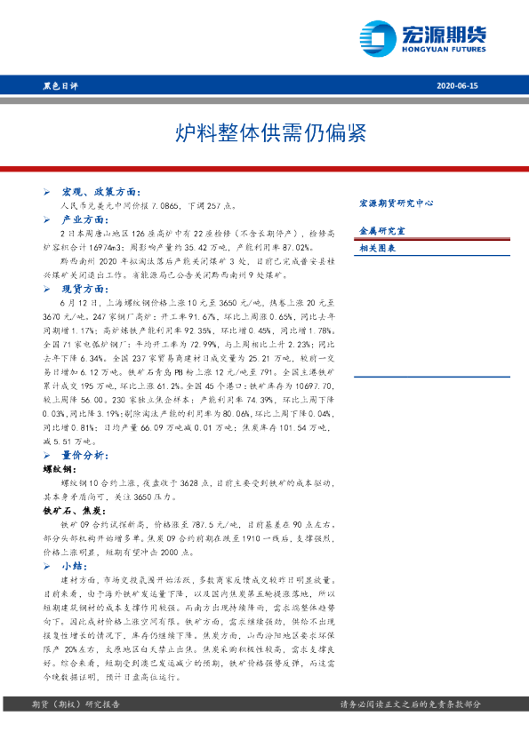 炉料整体供需仍偏紧