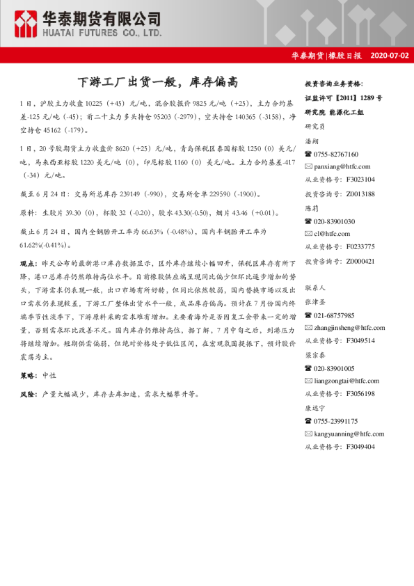 橡胶日报：下游工厂出货一般，库存偏高