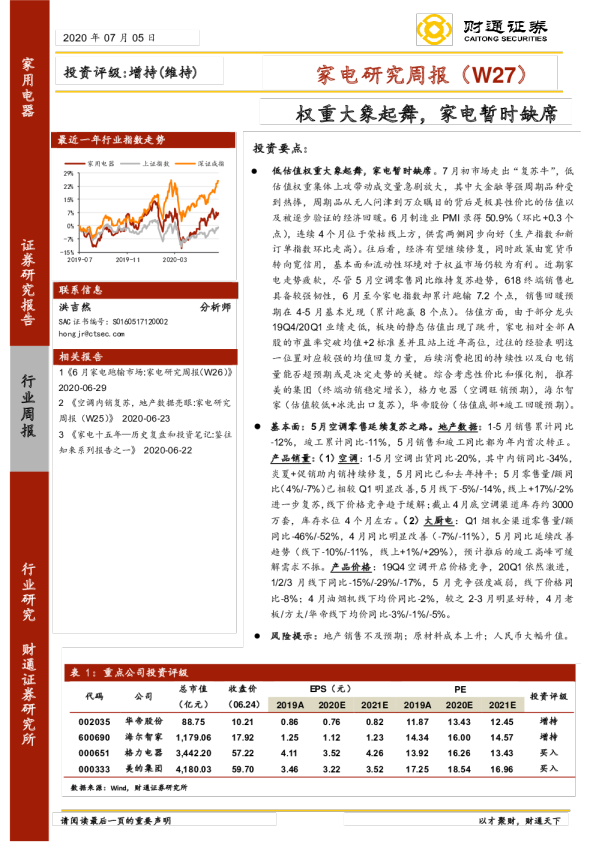 家电行业研究周报（W27）：权重大象起舞，家电暂时缺席