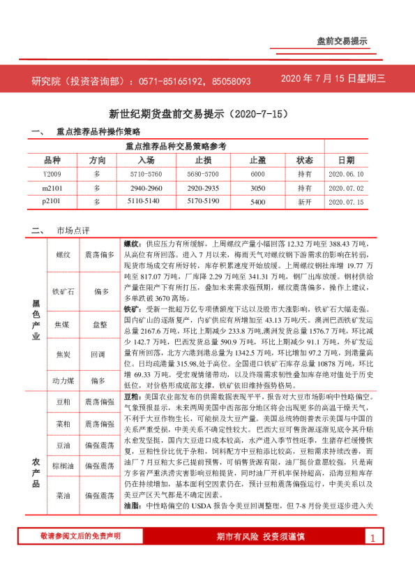 新世纪期货盘前交易提示
