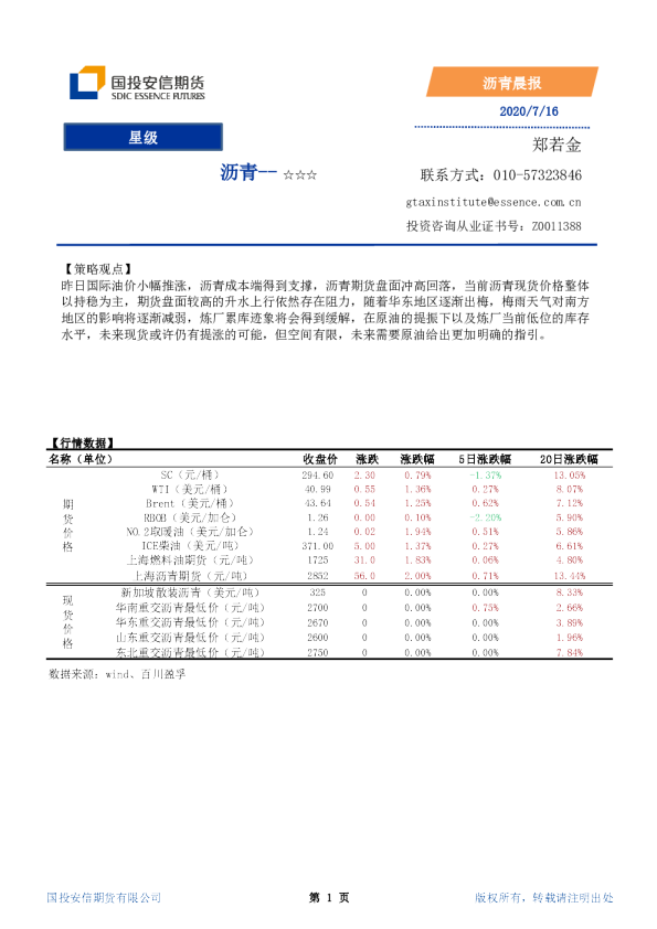 国投安信期货沥青晨报