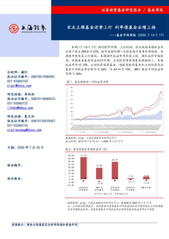 基金市场周报：农业主题基金逆势上行 利率债基金业绩上扬