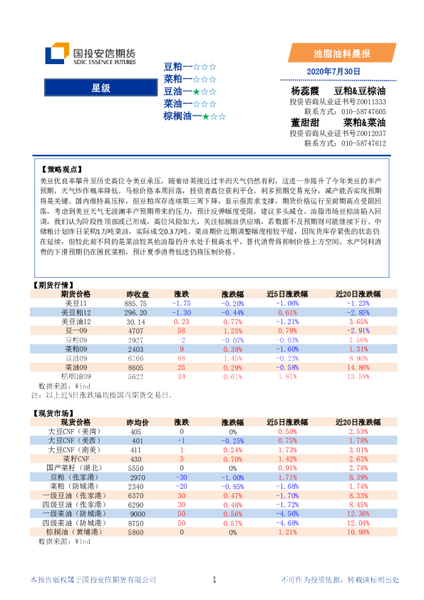 国投安信期货油脂油料晨报