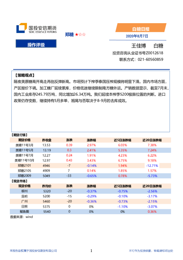 国投安信期货白糖日报