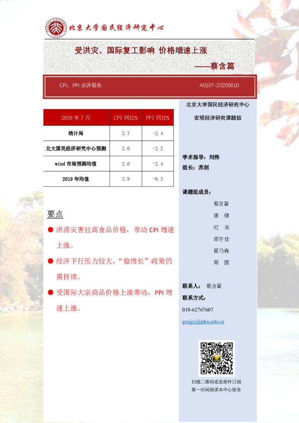 CPI、PPI点评报告：受洪灾、国际复工影响 价格增速上涨