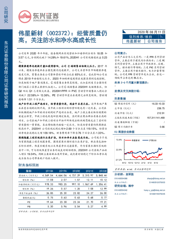 经营质量仍高，关注防水和净水高成长性