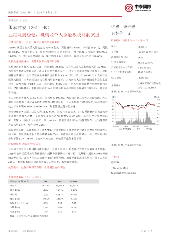 业绩发展稳健，机构及个人金融板块利润突出