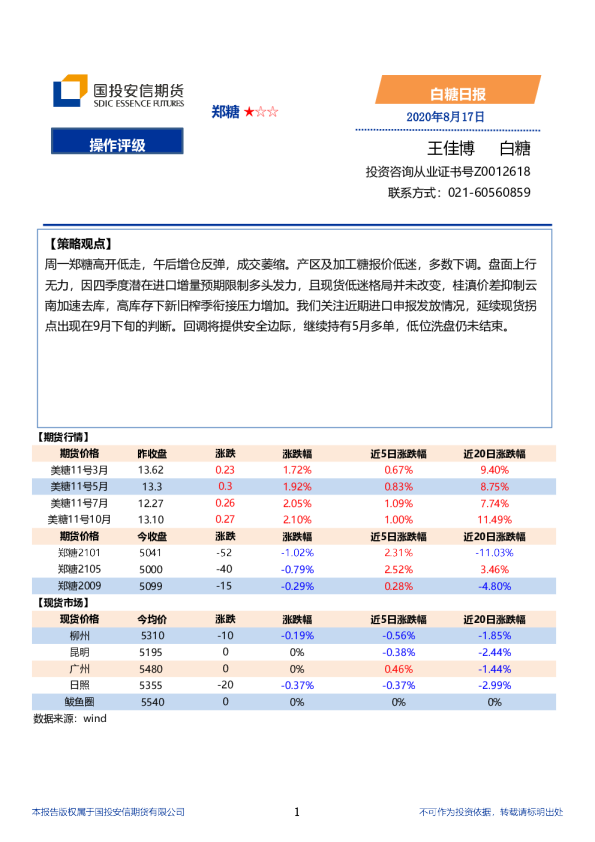 国投安信期货白糖日报
