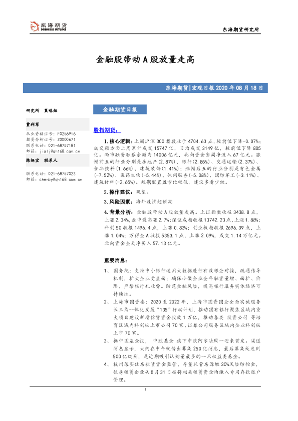 金融股带动A股放量走高