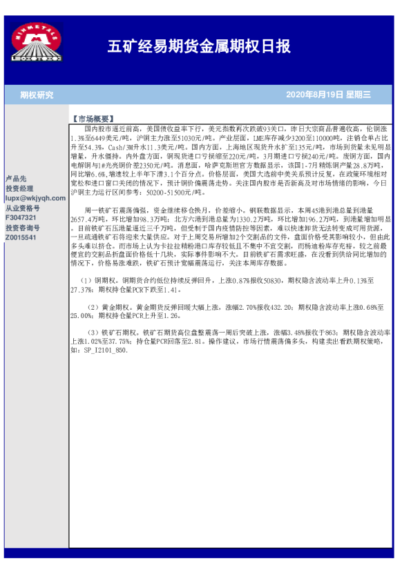 五矿经易期货金属期权日报