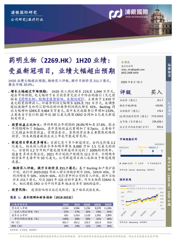 1H20业绩：受益新冠项目，业绩大幅超出预期