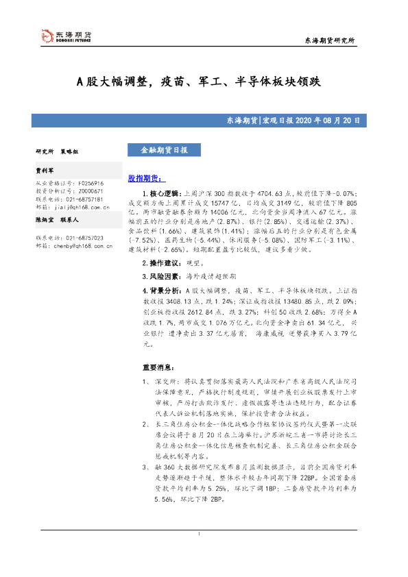 金融期货日报：A股大幅调整，疫苗、军工、半导体板块领跌