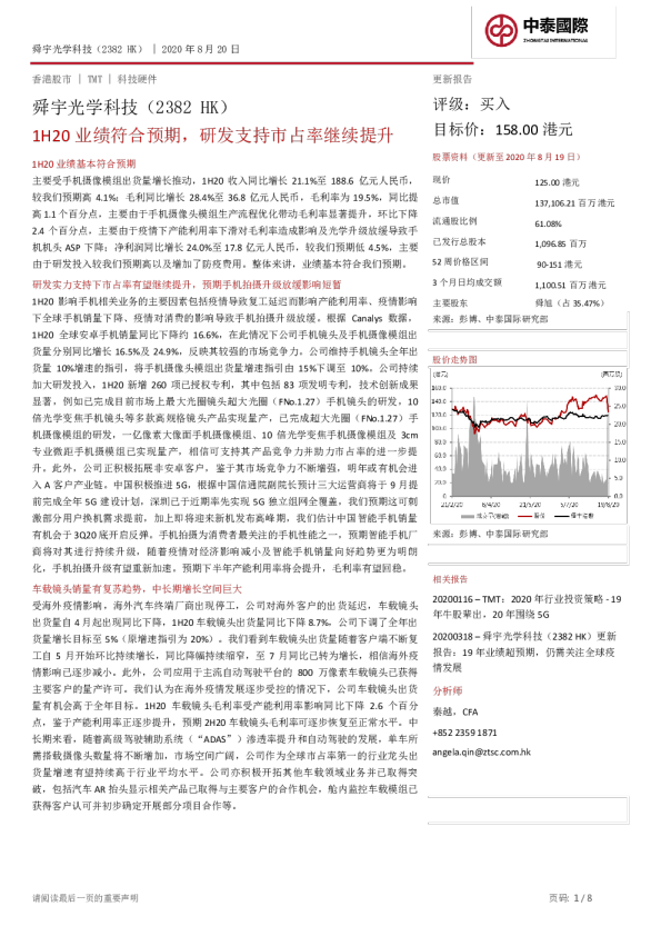 1H20业绩符合预期，研发支持市占率继续提升