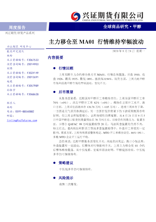 主力移仓至MA01 行情维持震荡
