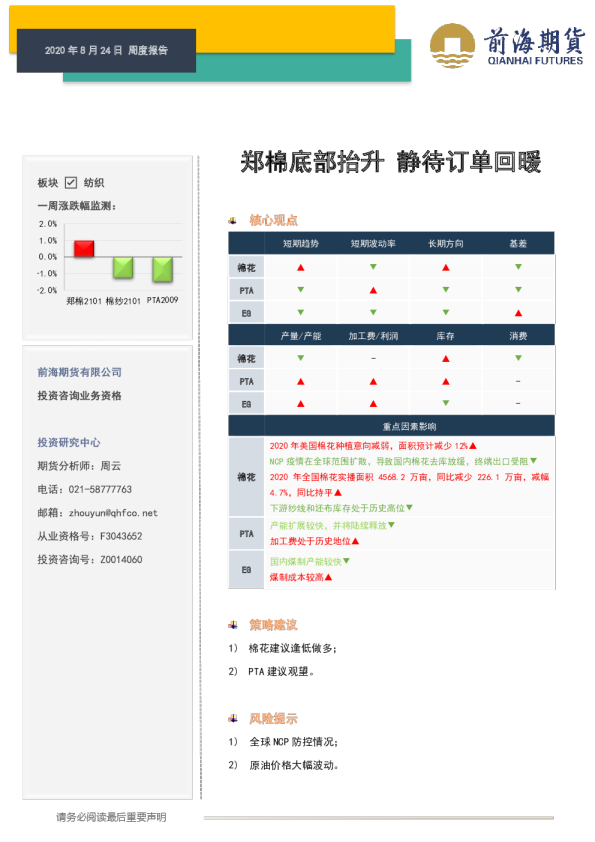 纺织周度报告：郑棉底部抬 静待订单回暖