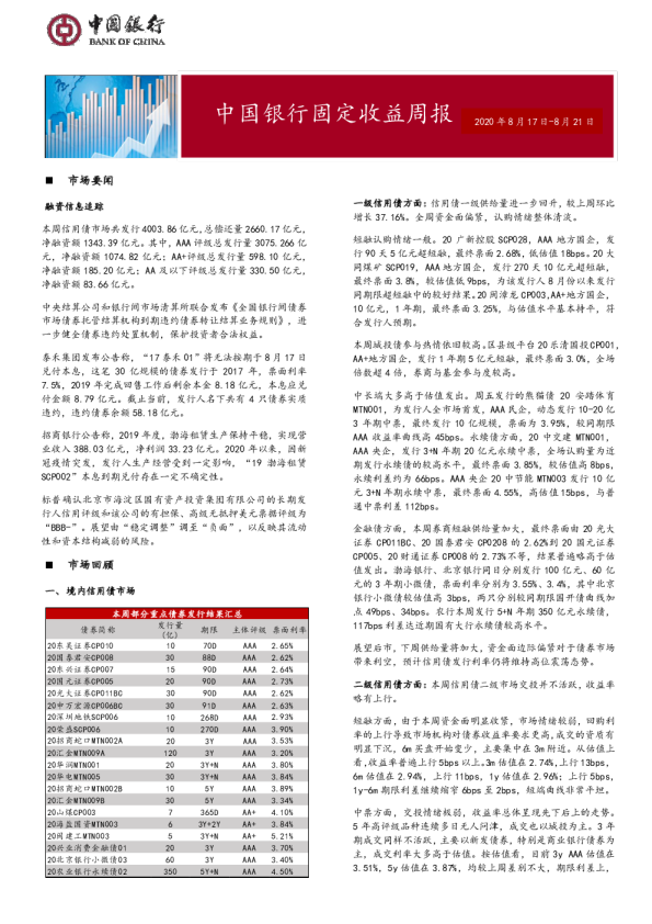 固定收益周报2020年8月24日