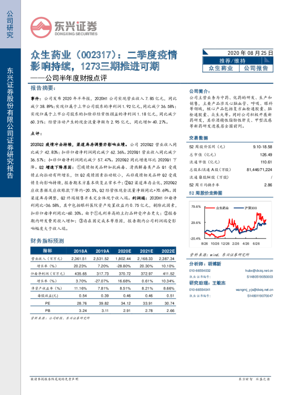 公司半年度财报点评：二季度疫情影响持续，1273三期推进可期