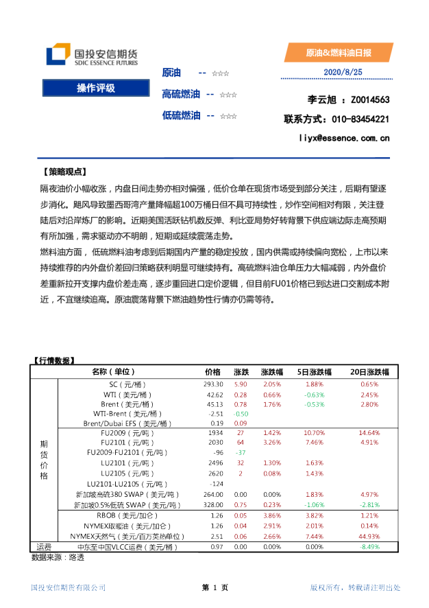 国投安信期货原油、燃料油日报
