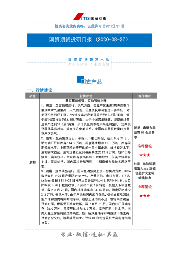 国贸期货投研日报：农产品