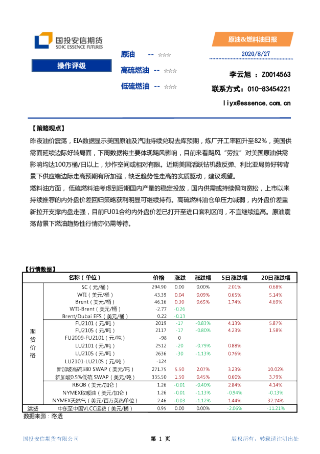 国投安信期货原油、燃料油日报