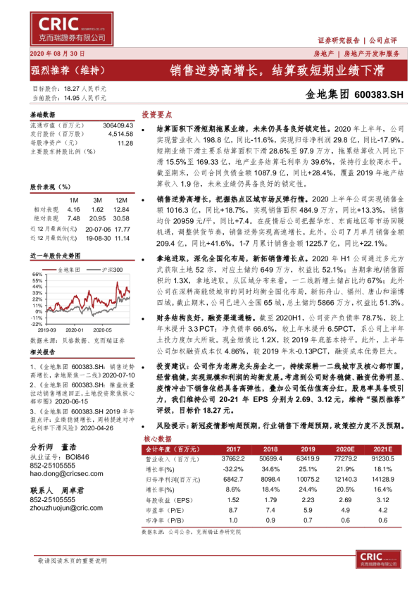 销售逆势高增长，结算致短期业绩下滑