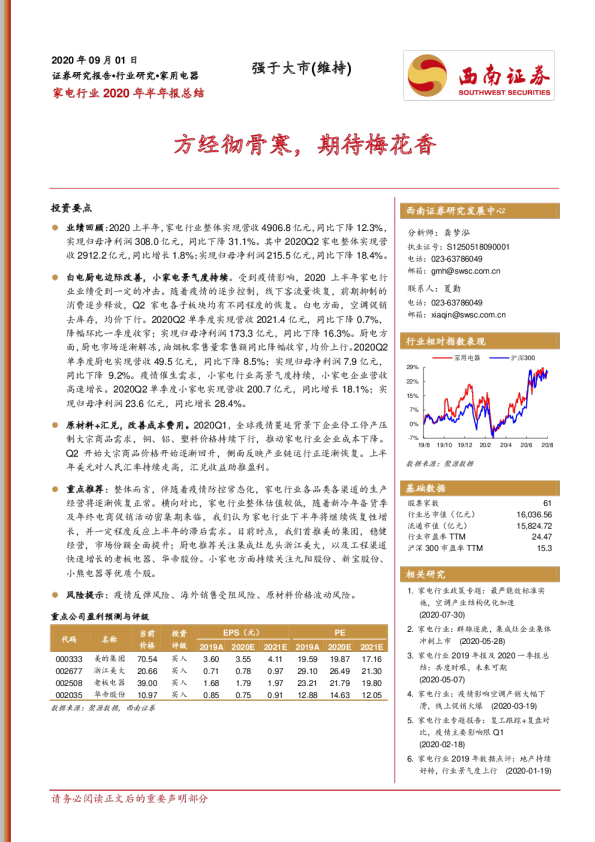 家电行业2020年半年报总结：方经彻骨寒，期待梅花香
