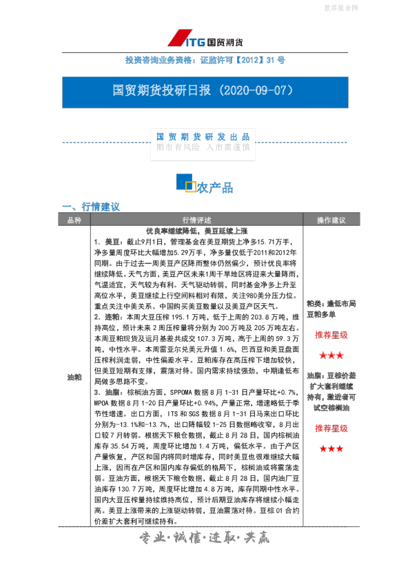 国贸期货投研日报：农产品