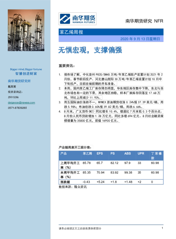 苯乙烯周报：无惧宏观，支撑偏强