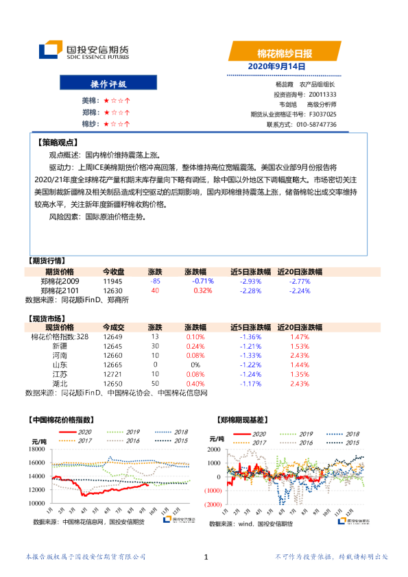 国投安信期货棉花棉纱日报