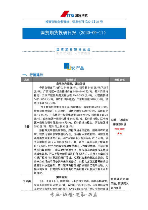 国贸期货投研日报：农产品