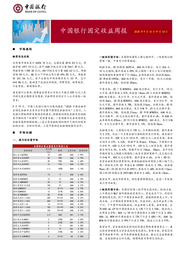 固定收益周报2020年9月21日