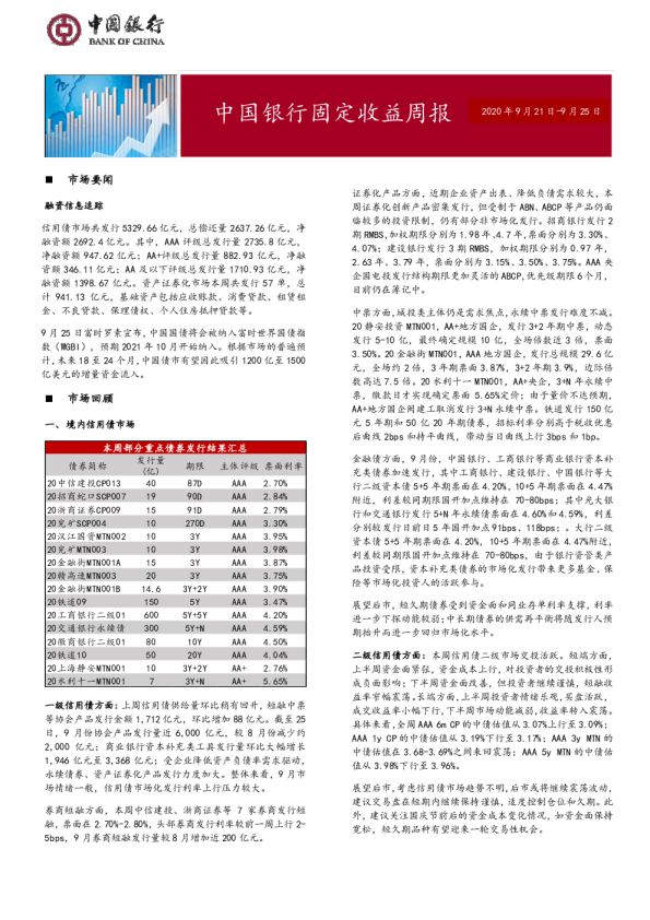 固定收益周报2020年9月28日