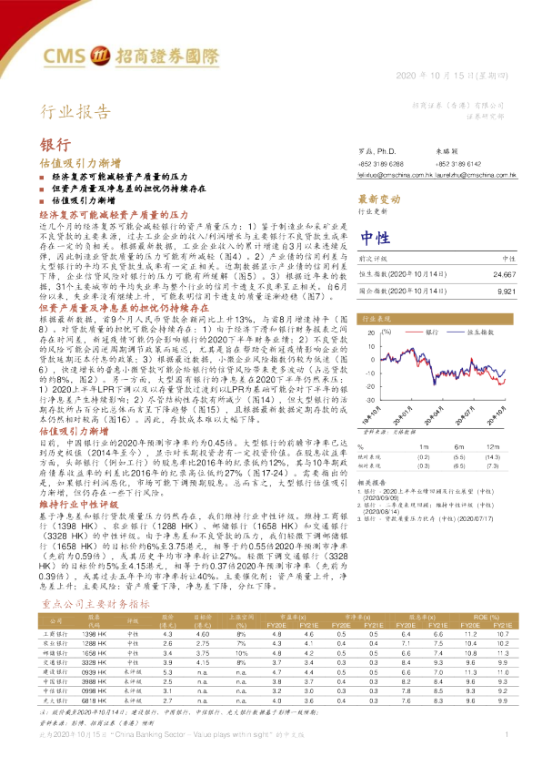 银行：估值吸引力渐增