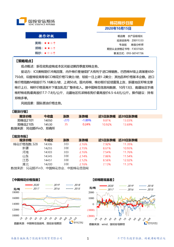 国投安信期货棉花棉纱日报