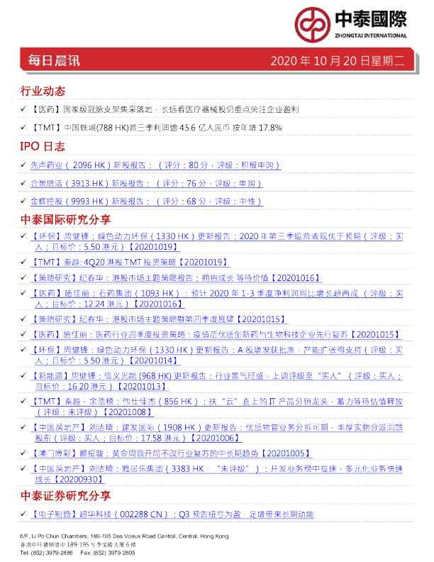中泰国际每日晨讯