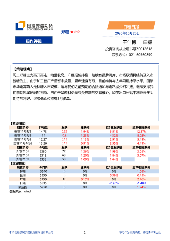 国投安信期货白糖日报