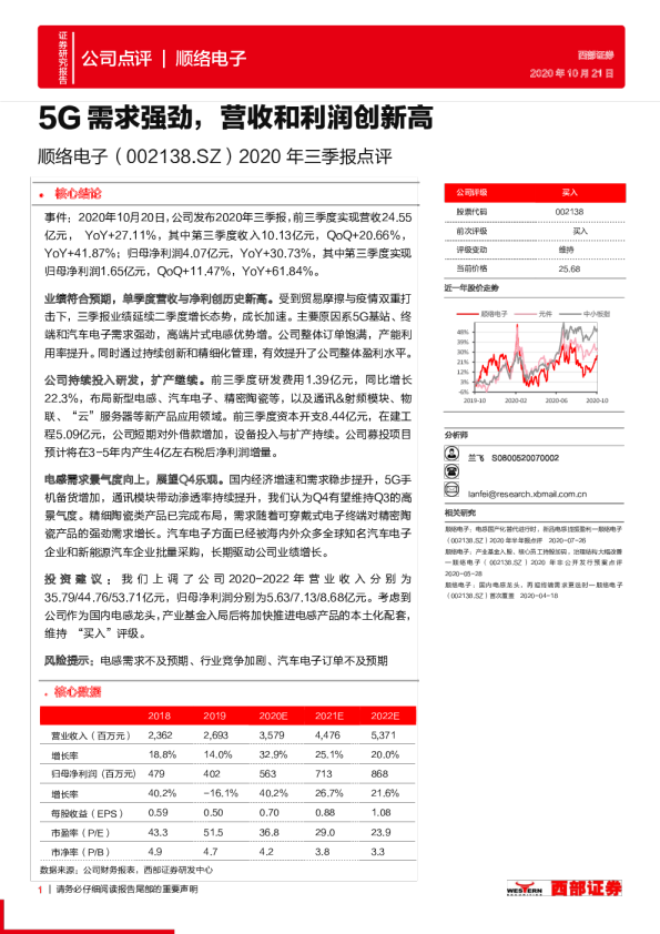 2020年三季报点评：5G需求强劲，营收和利润创新高