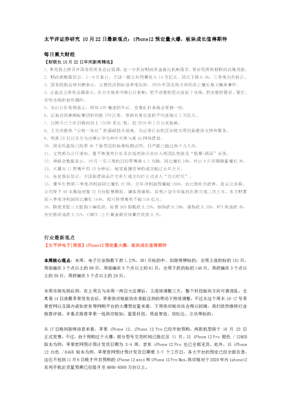 10月22日最新观点：iPhone12预定量火爆，板块成长值得期待