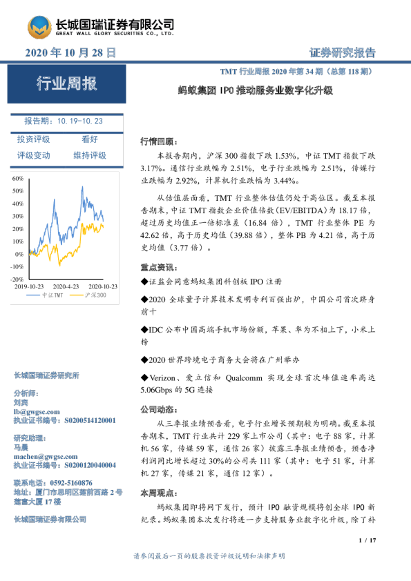 TMT行业周报2020年第34期（总第118期）：蚂蚁集团IPO推动服务业数字化升级