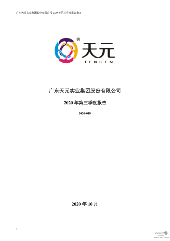 天元股份：2020年第三季度报告全文