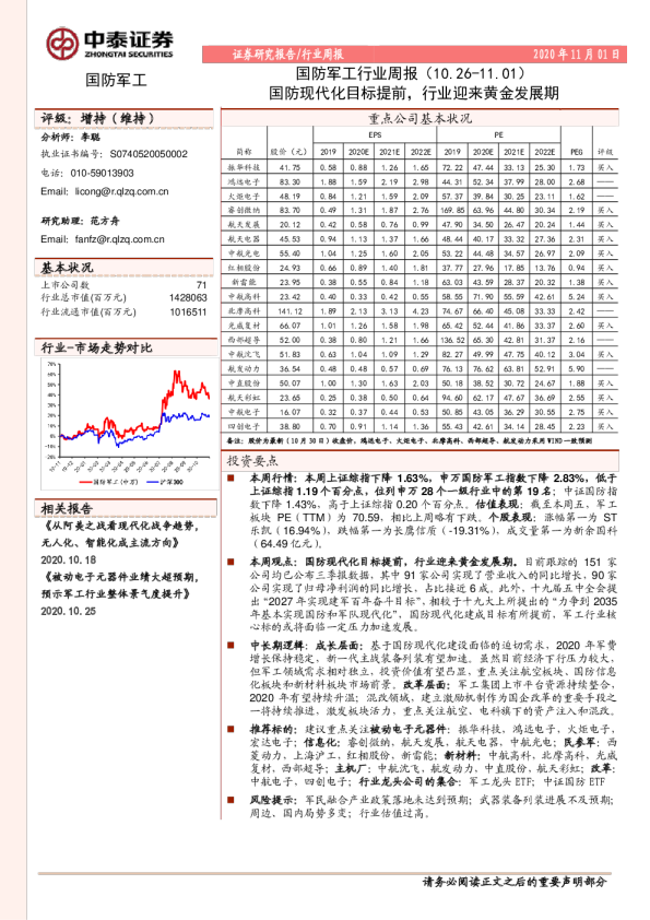国防军工行业周报：国防现代化目标提前，行业迎来黄金发展期