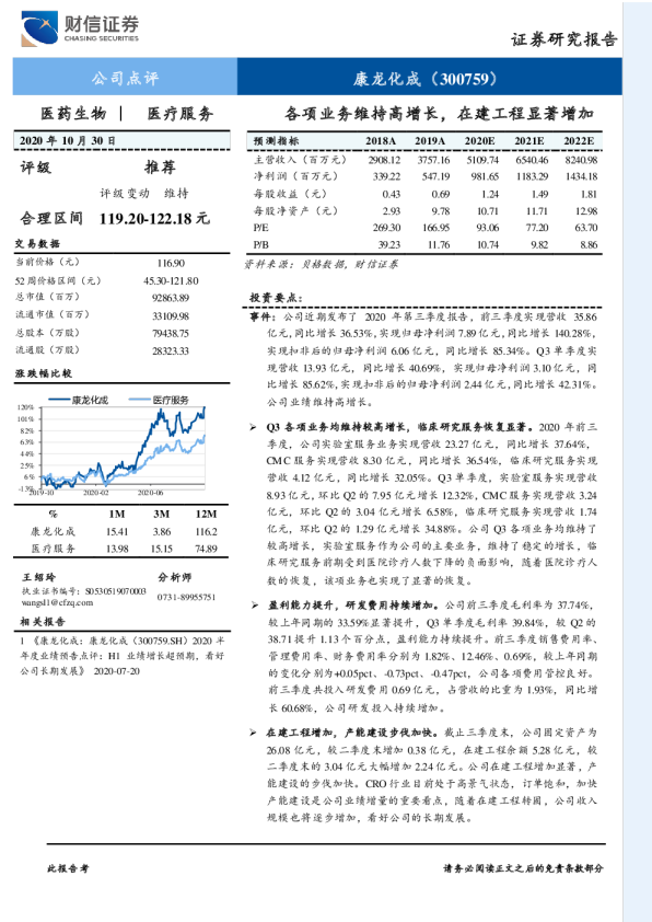 康龙化成（300759）：2020年三季报点评：各项业务维持高增长，在建工程显著增加