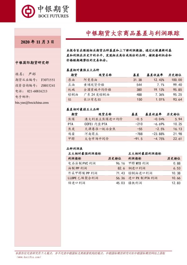 中银期货大宗商品基差与利润跟踪