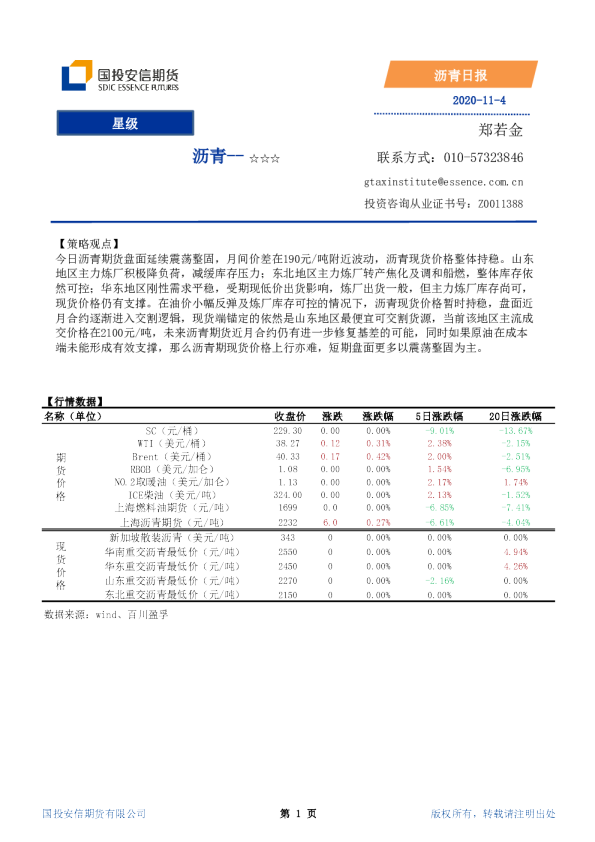 国投安信期货沥青日报