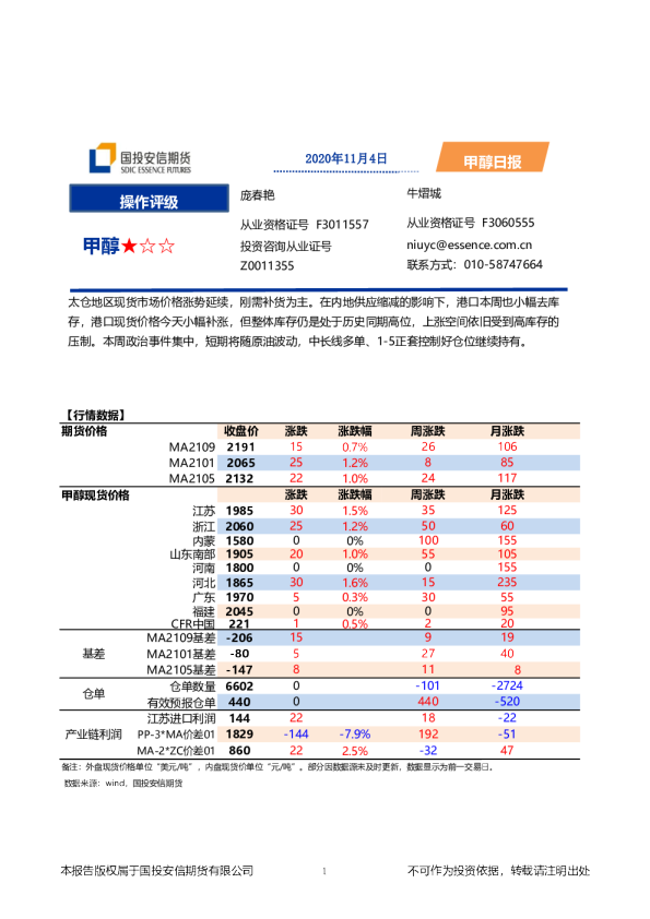 国投安信期货甲醇日报