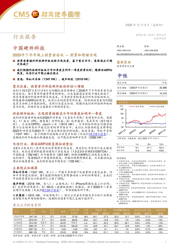 2020年下半年线上投资者会议：前景和情绪乐观