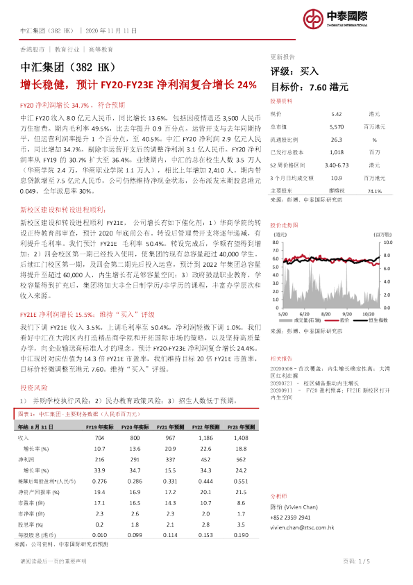 增长稳健，预计FY20-FY23E净利润复合增长24%