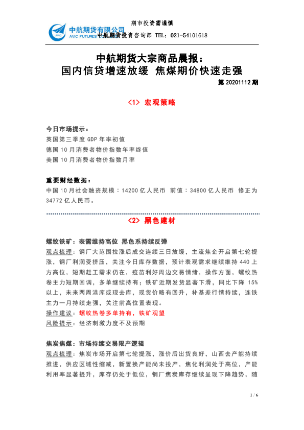 大宗商品晨报：国内信贷增速放缓 焦煤期价快速走强