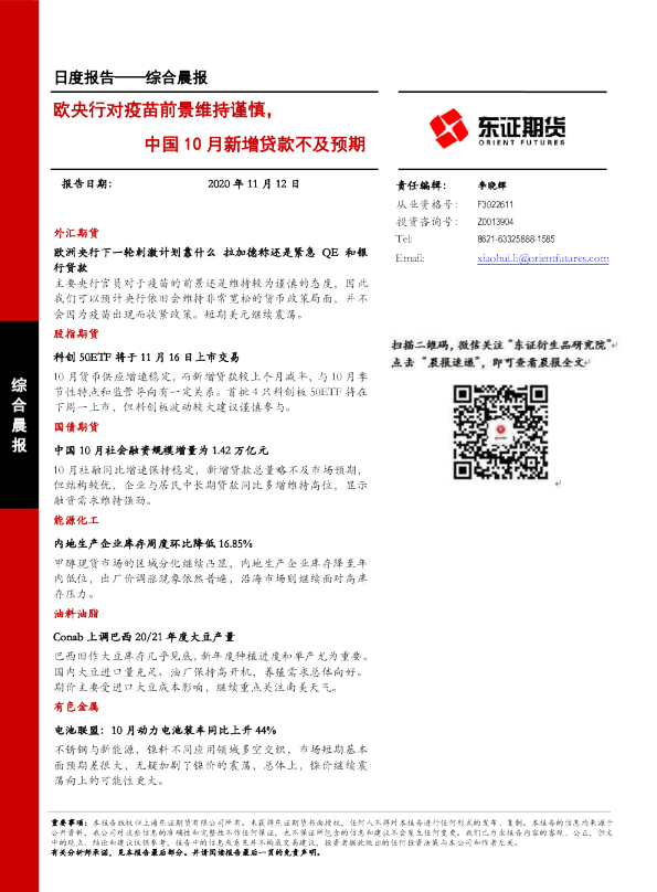 欧央行对疫苗前景维持谨慎，中国10月新增贷款不及预期