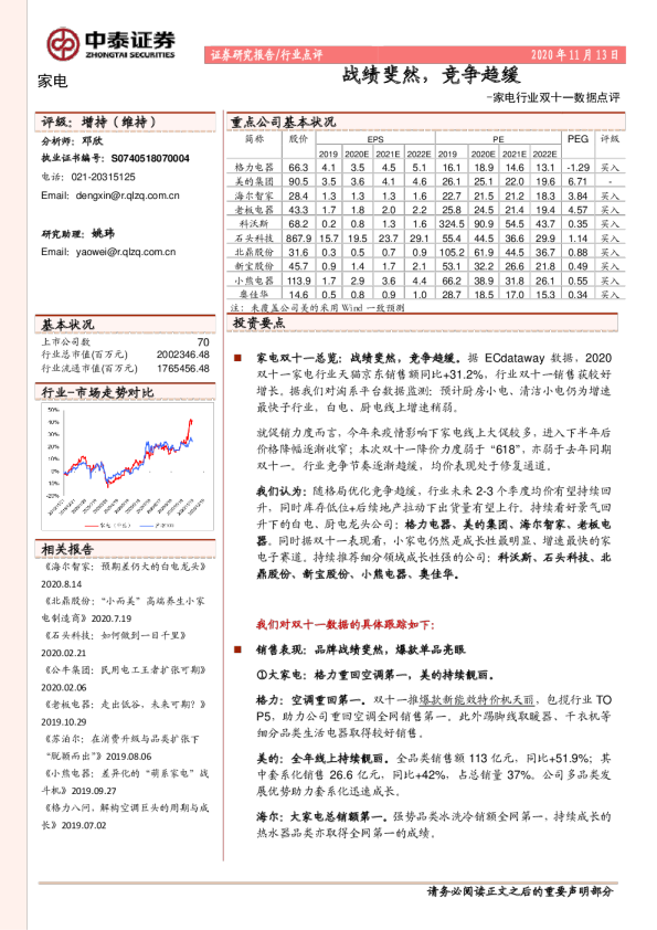 家电行业双十一数据点评：战绩斐然，竞争趋缓
